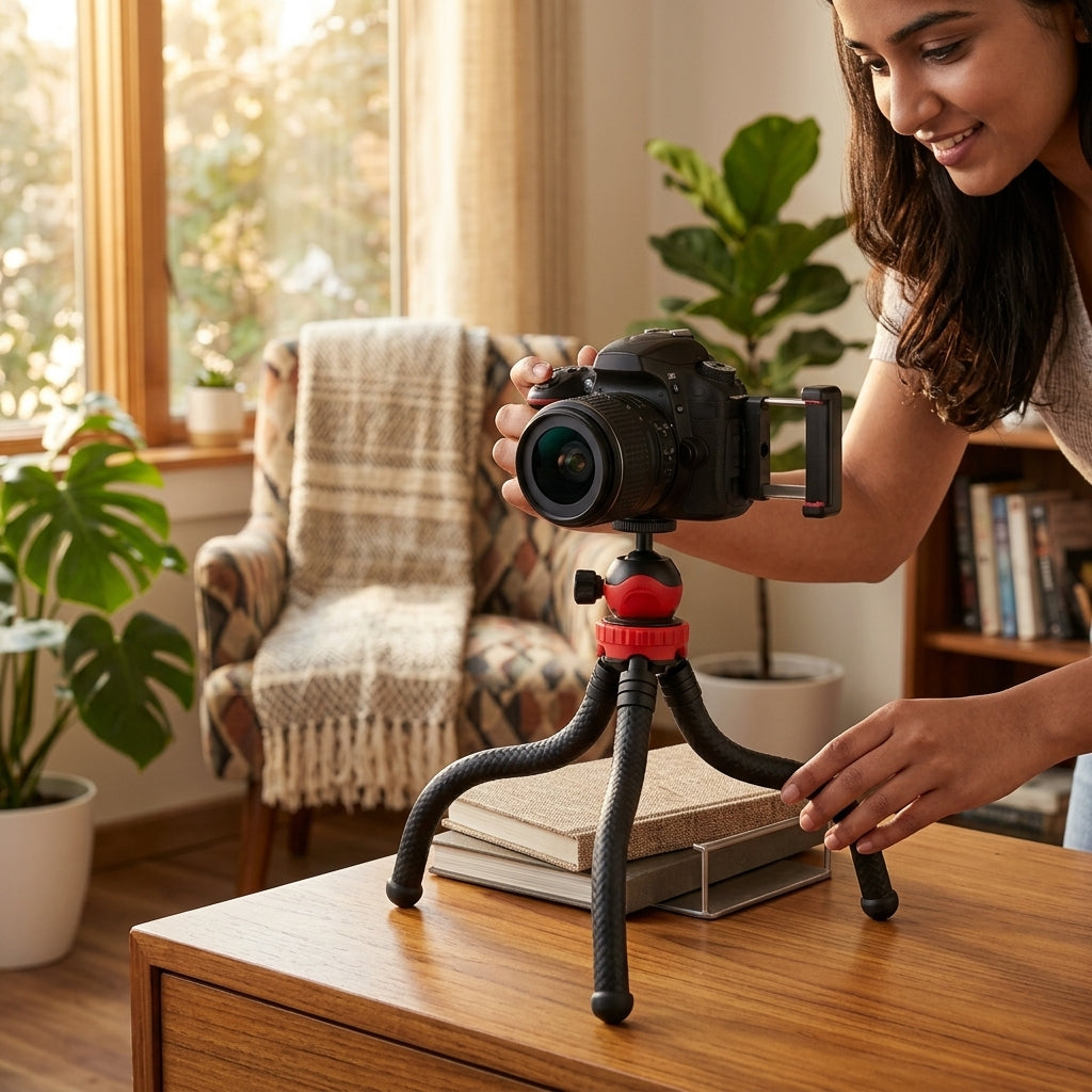 Black and red mini flexible tripod with bendable legs and ball head with side locking knob