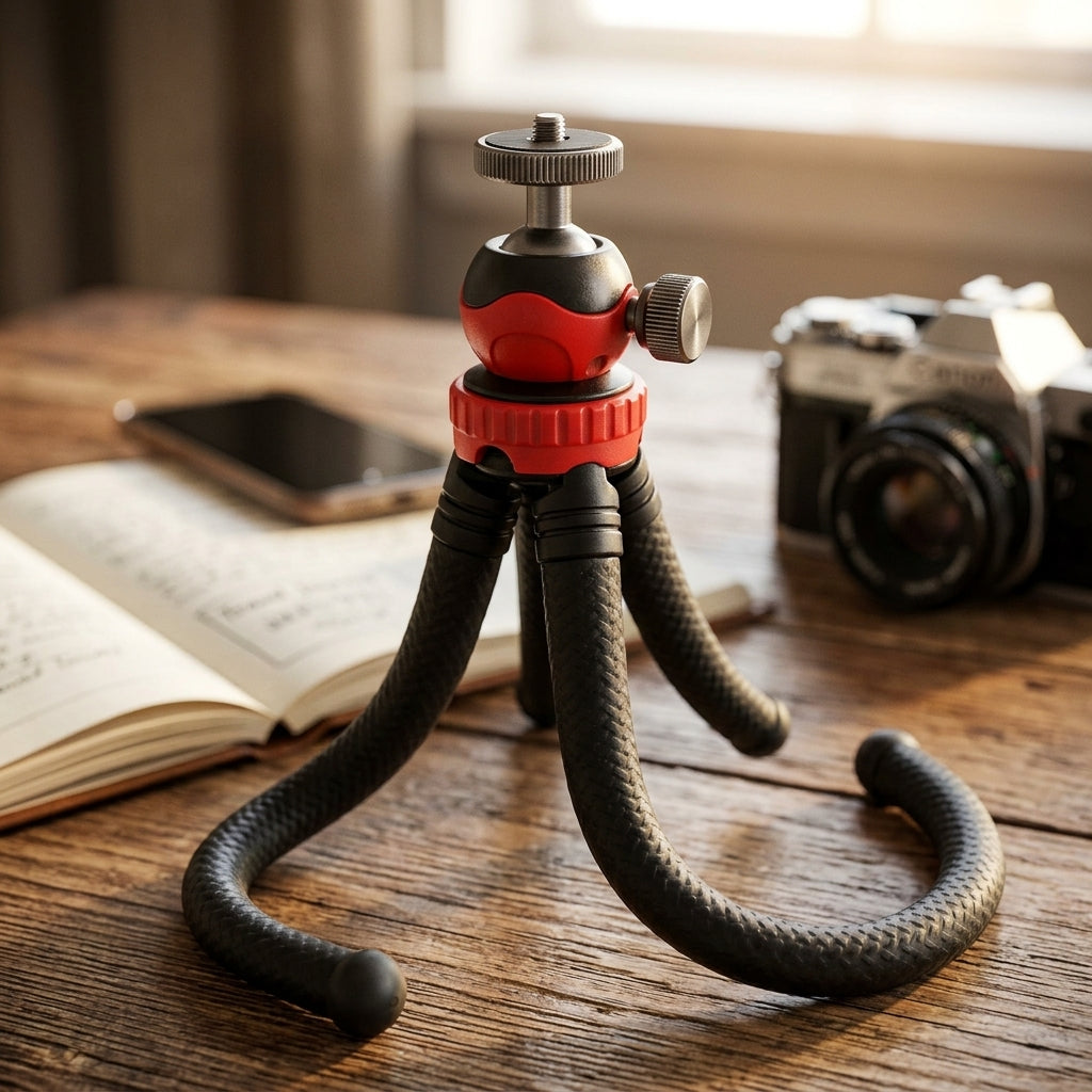 Black and red mini flexible tripod with bendable legs and ball head with side locking knob