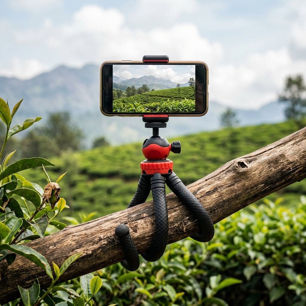 Black and red mini flexible tripod with bendable legs and ball head with side locking knob