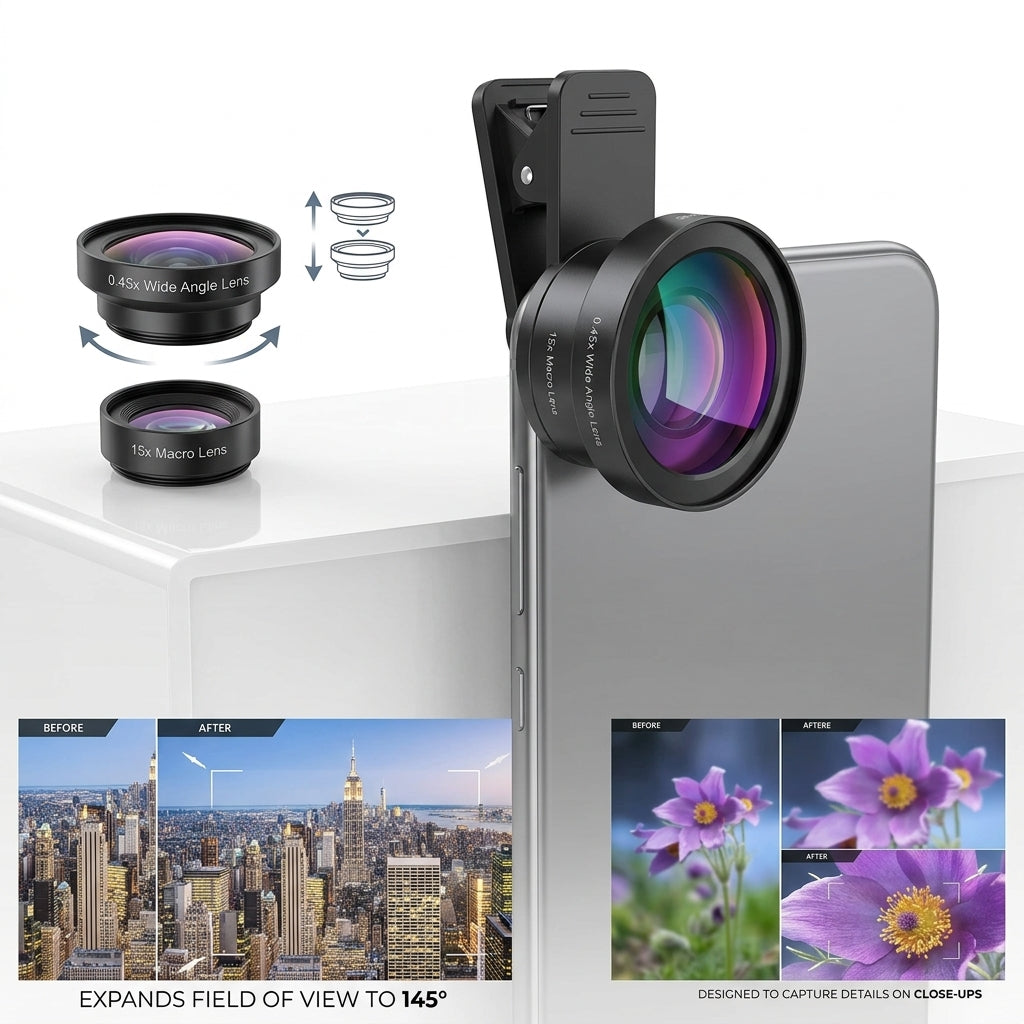 Black clip-on smartphone camera lens kit with 0.45x wide angle lens and 15x macro lens (wide attachment unscrews to access macro)