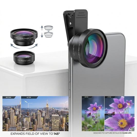 Black clip-on smartphone camera lens kit with 0.45x wide angle lens and 15x macro lens (wide attachment unscrews to access macro)