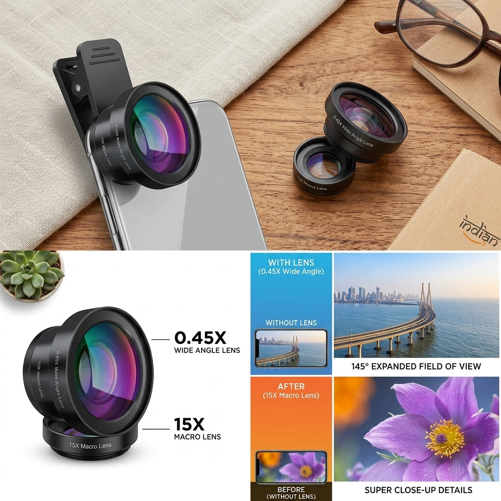 Black clip-on smartphone camera lens kit with 0.45x wide angle lens and 15x macro lens (wide attachment unscrews to access macro)