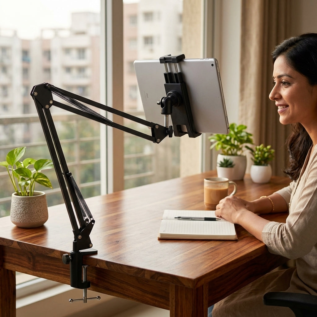 Black adjustable scissor-arm desk clamp phone and tablet holder stand with spring-assisted joints and device cradle