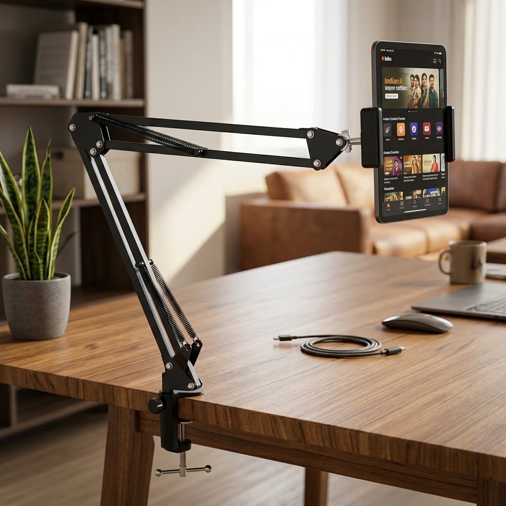 Black adjustable scissor-arm desk clamp phone and tablet holder stand with spring-assisted joints and device cradle