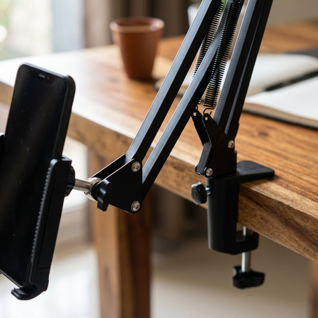 Black adjustable scissor-arm desk clamp phone and tablet holder stand with spring-assisted joints and device cradle