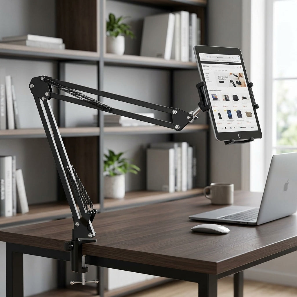 Black adjustable scissor-arm desk clamp phone and tablet holder stand with spring-assisted joints and device cradle