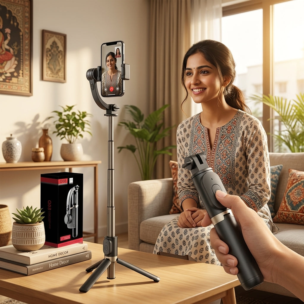 Q08 smartphone gimbal-style selfie stick with retractable aluminium alloy rod, tripod stand and detachable wireless remote in black/grey.
