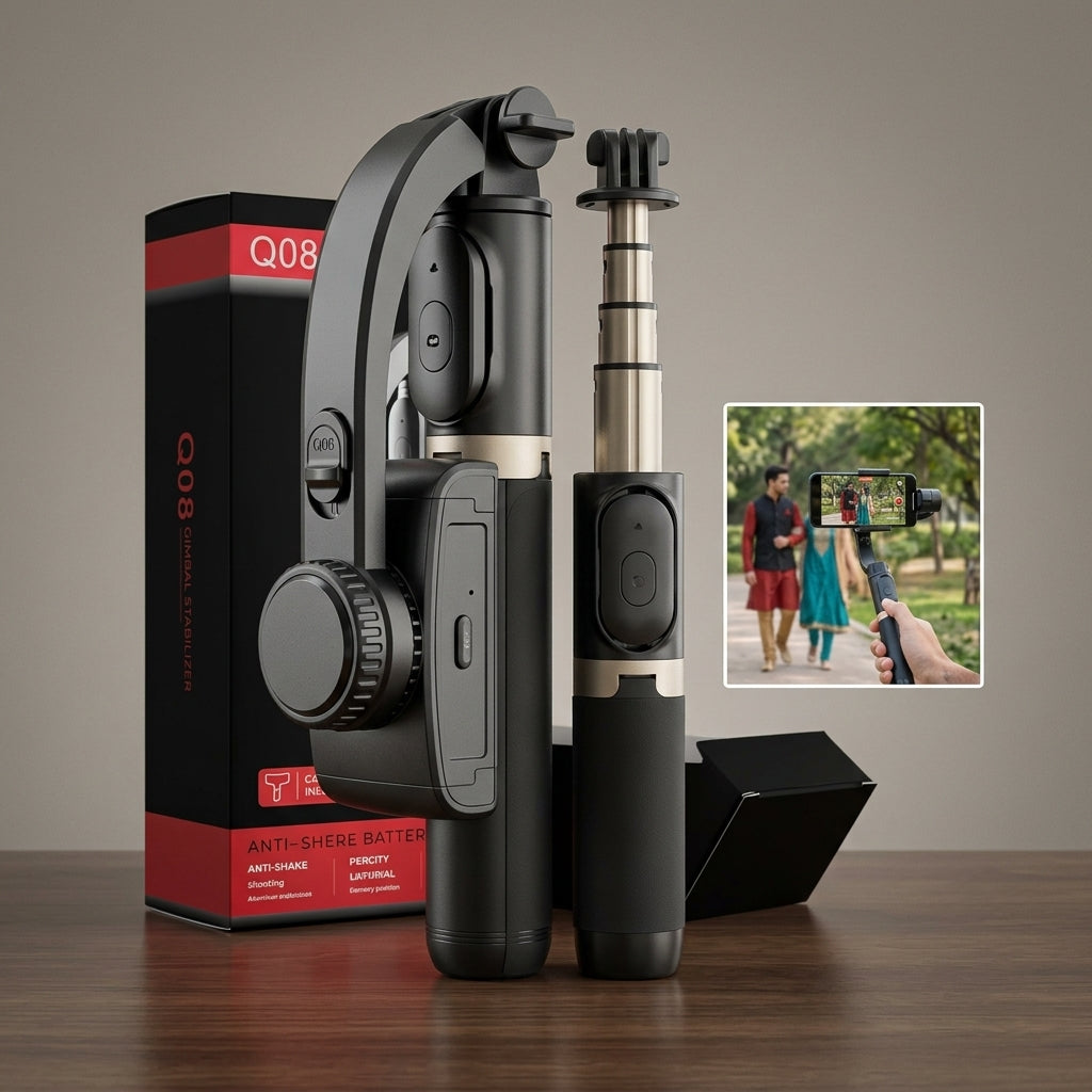 Q08 smartphone gimbal-style selfie stick with retractable aluminium alloy rod, tripod stand and detachable wireless remote in black/grey.