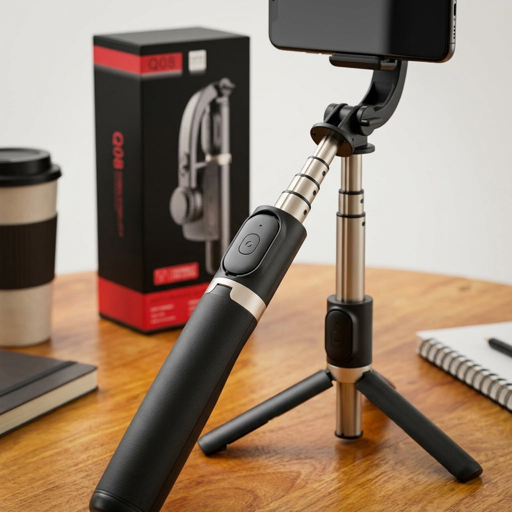 Q08 smartphone gimbal-style selfie stick with retractable aluminium alloy rod, tripod stand and detachable wireless remote in black/grey.