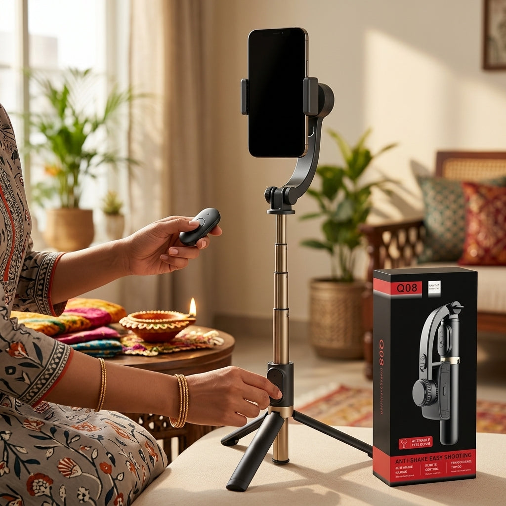 Q08 smartphone gimbal-style selfie stick with retractable aluminium alloy rod, tripod stand and detachable wireless remote in black/grey.