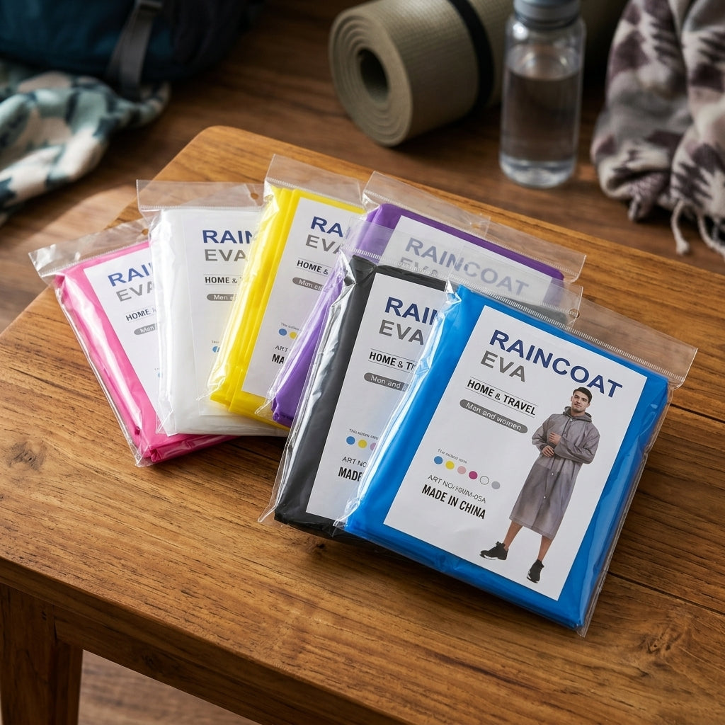 Individually packaged EVA raincoat in clear plastic sleeve with assorted colours visible
