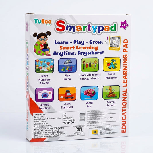 Tutee Smartypad educational learning pad toy packaging showing features like numbers 1-10, piano, alphabet rhymes, phonetics, animal sounds and transport learning (2Y+).