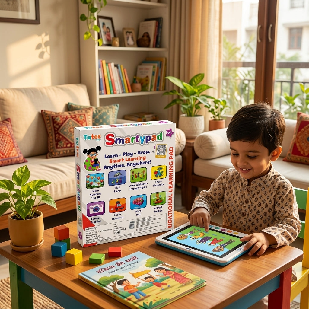 Tutee Smartypad educational learning pad toy packaging showing features like numbers 1-10, piano, alphabet rhymes, phonetics, animal sounds and transport learning (2Y+).