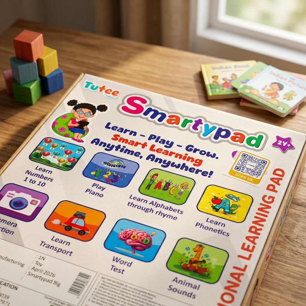 Tutee Smartypad educational learning pad toy packaging showing features like numbers 1-10, piano, alphabet rhymes, phonetics, animal sounds and transport learning (2Y+).