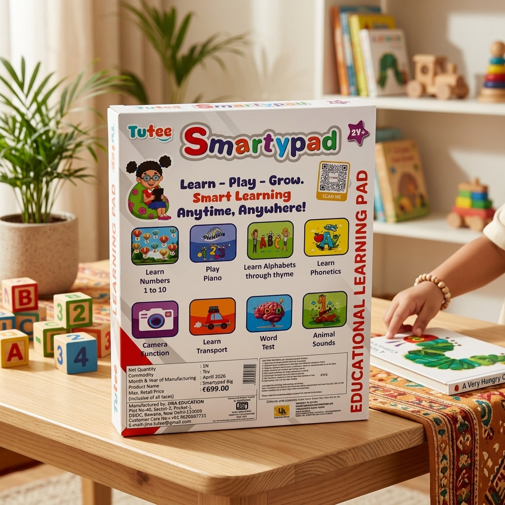 Tutee Smartypad educational learning pad toy packaging showing features like numbers 1-10, piano, alphabet rhymes, phonetics, animal sounds and transport learning (2Y+).