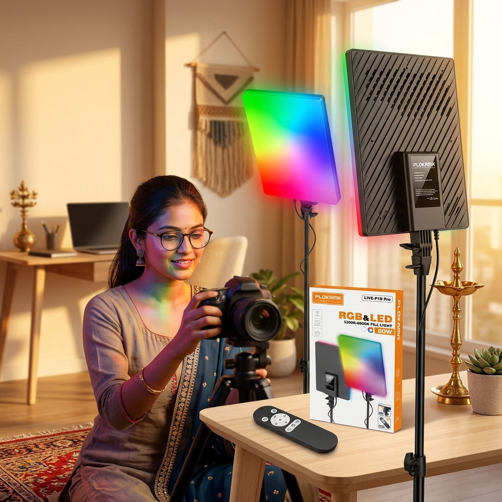 PLOKAMA LIVE-P19 Pro rectangular RGB & LED fill light panel (3200K-6500K) with mounting bracket and remote control feature shown on packaging