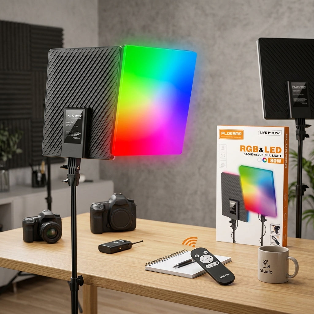 PLOKAMA LIVE-P19 Pro rectangular RGB & LED fill light panel (3200K-6500K) with mounting bracket and remote control feature shown on packaging