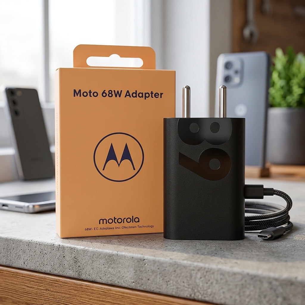 Moto 68W Fast Charging Adapter in matte black with glossy 68 graphic and Indian 2-pin plug next to its orange retail packaging.