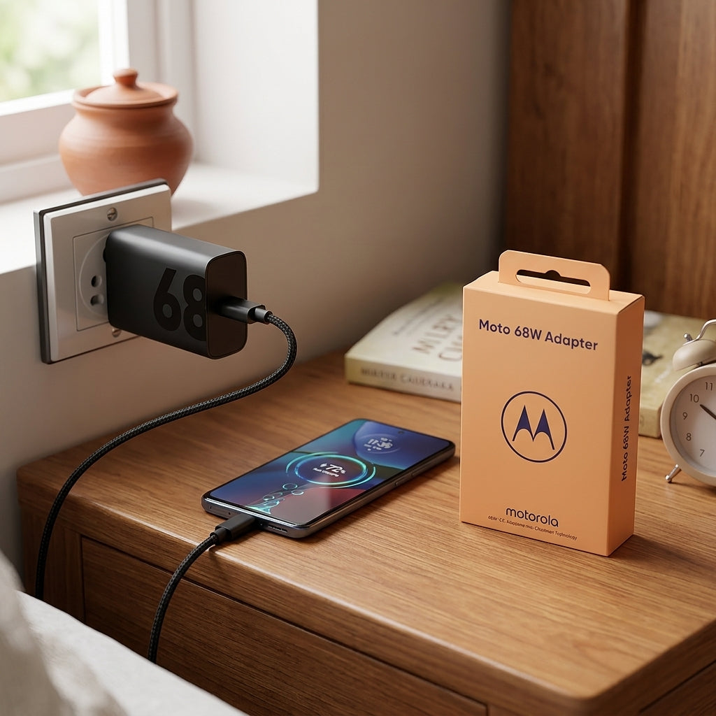Moto 68W Fast Charging Adapter in matte black with glossy 68 graphic and Indian 2-pin plug next to its orange retail packaging.