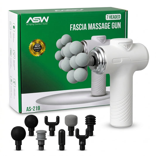 ASW AS-219 seven-headed fascia massage gun with 7-ball head attachment and 9 included attachments shown on packaging