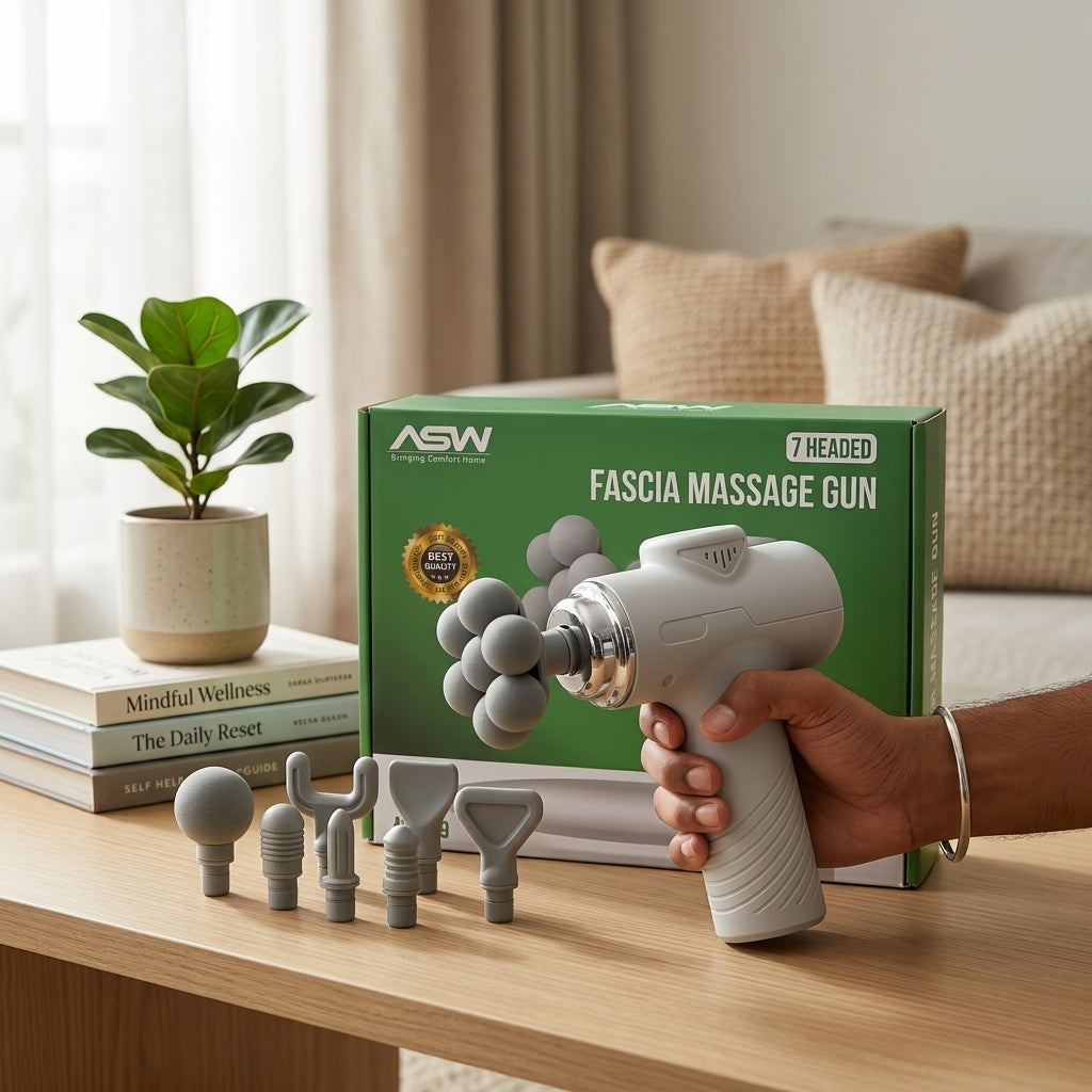 ASW AS-219 seven-headed fascia massage gun with 7-ball head attachment and 9 included attachments shown on packaging