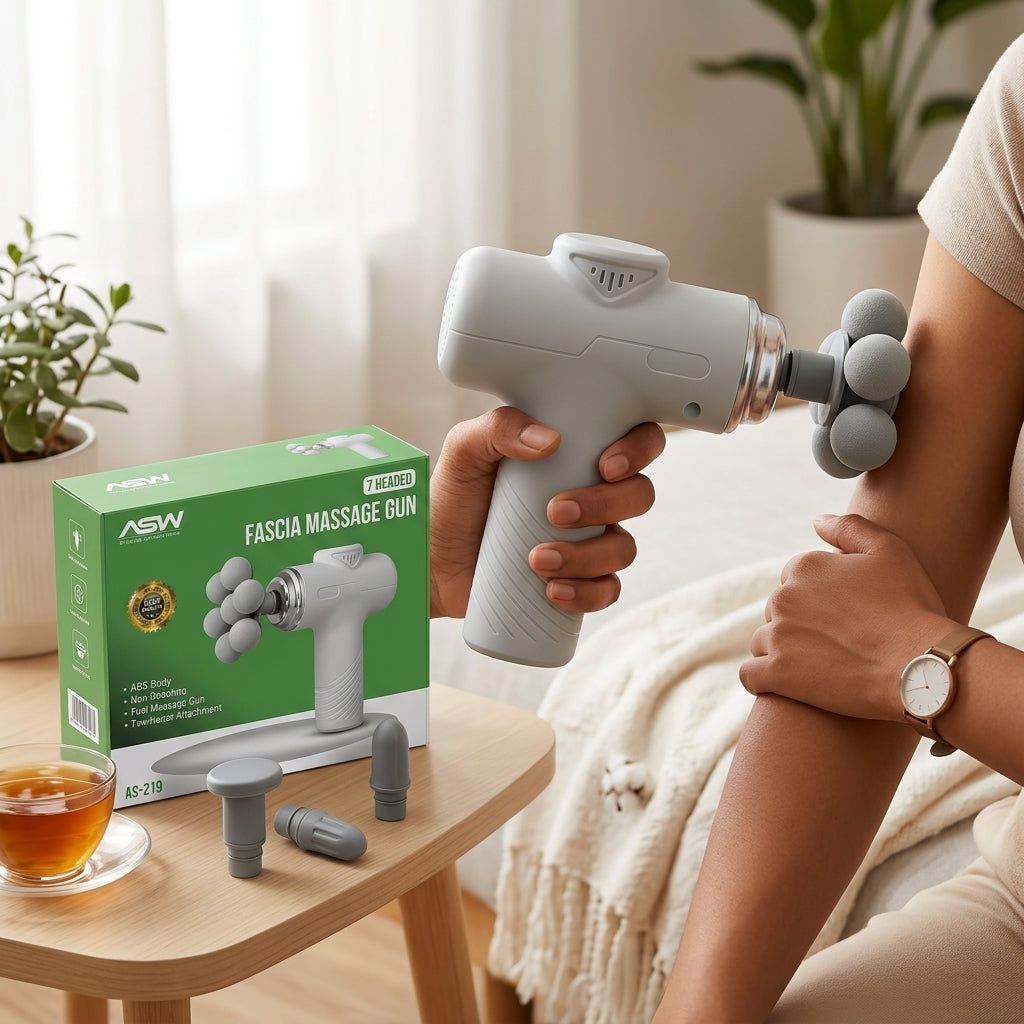ASW AS-219 seven-headed fascia massage gun with 7-ball head attachment and 9 included attachments shown on packaging