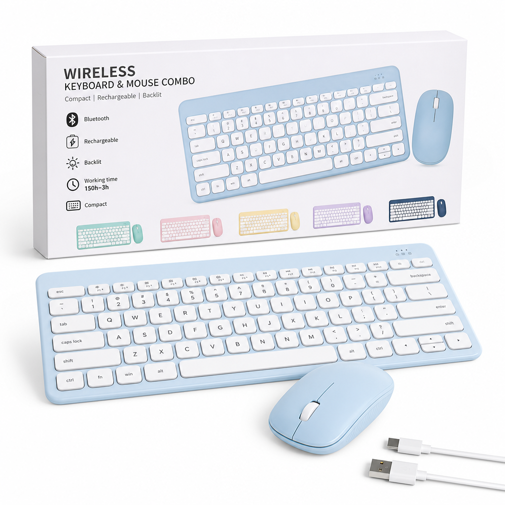 Light blue wireless Bluetooth keyboard and matching mouse combo kit with compact low-profile keys and retail box