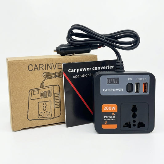 200W car power inverter with universal AC socket, USB-C PD, dual USB-A ports and cigarette-lighter plug cable (CAR POWER).