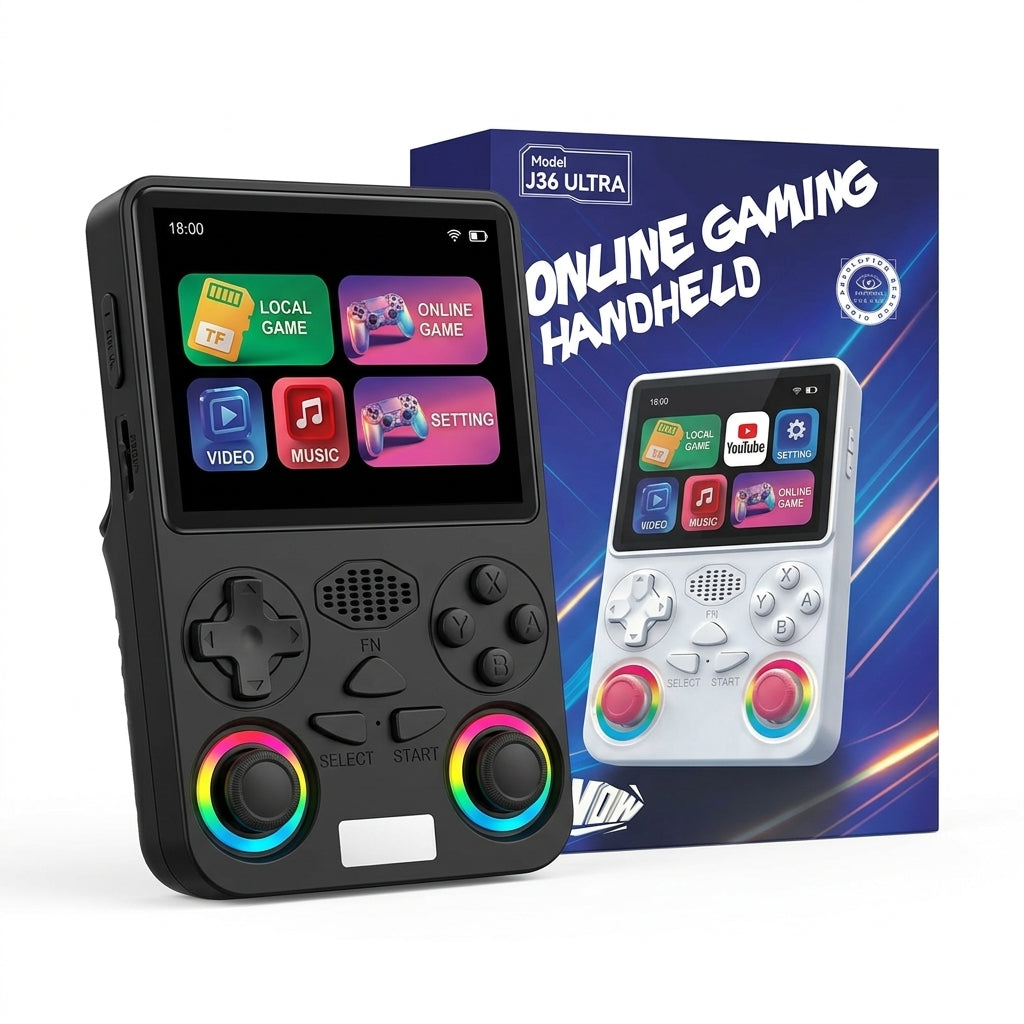J36 Ultra online gaming handheld console with built-in display, D-pad, ABXY buttons and dual joysticks with rainbow rings