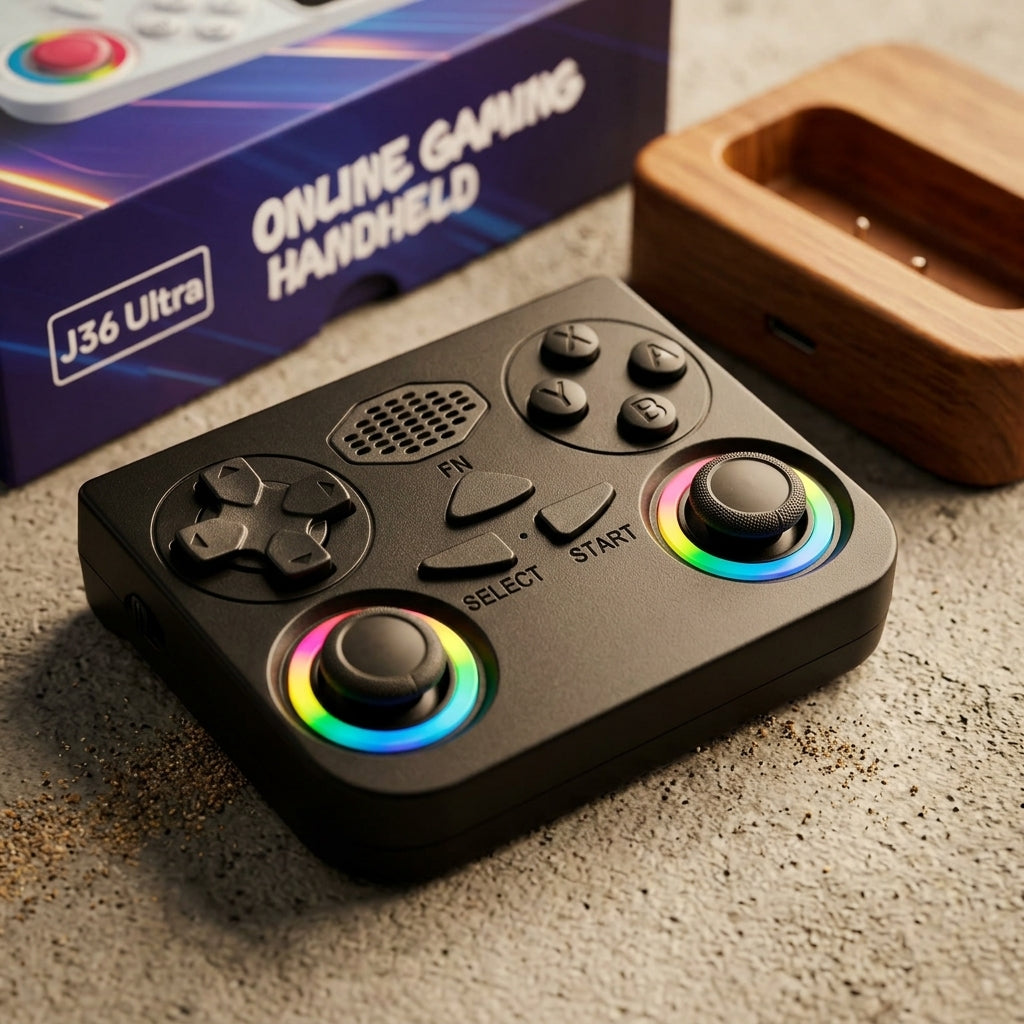 J36 Ultra online gaming handheld console with built-in display, D-pad, ABXY buttons and dual joysticks with rainbow rings