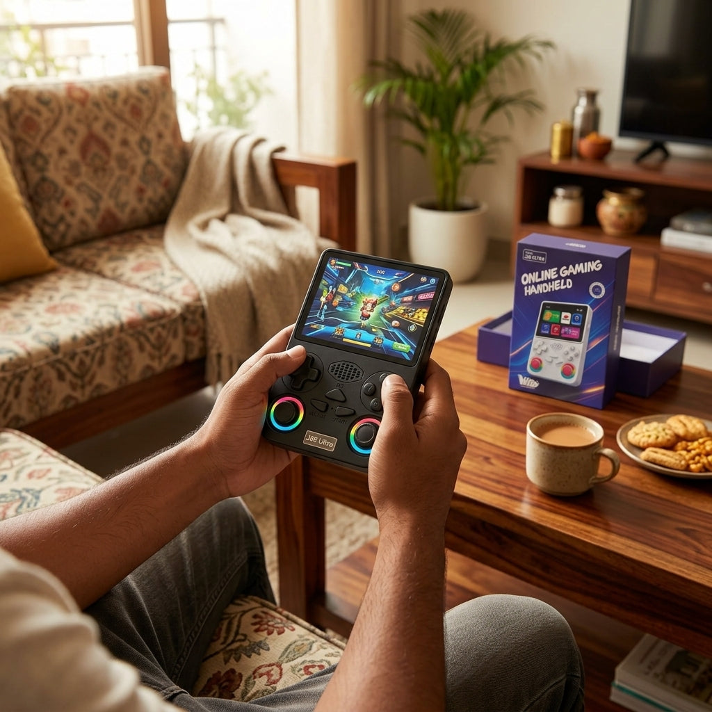 J36 Ultra online gaming handheld console with built-in display, D-pad, ABXY buttons and dual joysticks with rainbow rings