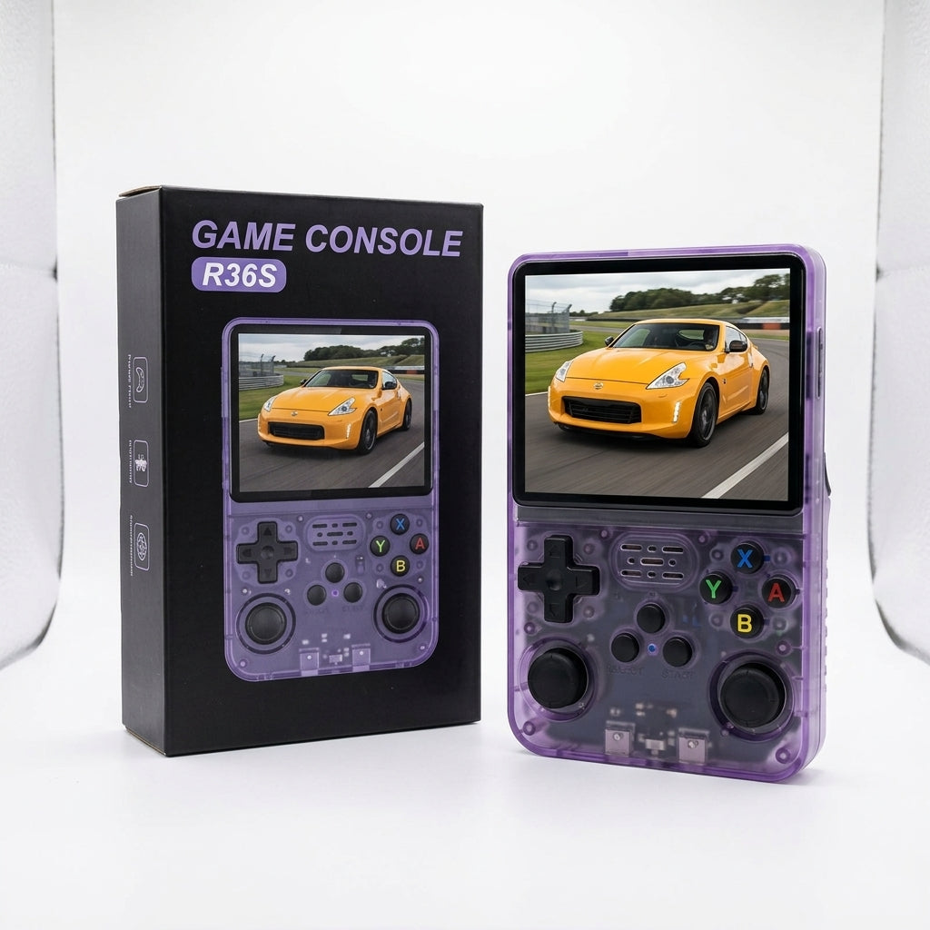 R36S handheld game console in transparent purple with built-in screen, dual analog sticks, D-pad and ABXY buttons