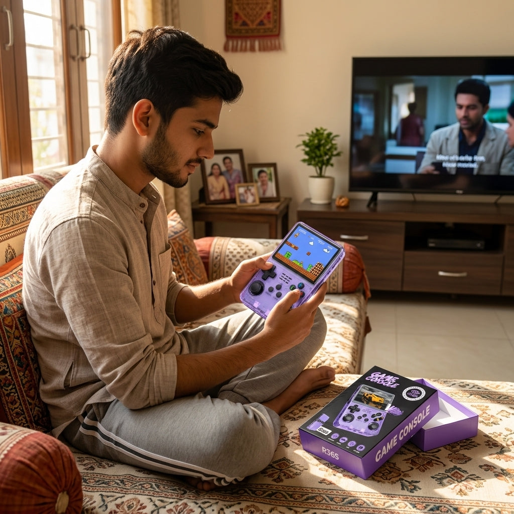 R36S handheld game console in transparent purple with built-in screen, dual analog sticks, D-pad and ABXY buttons