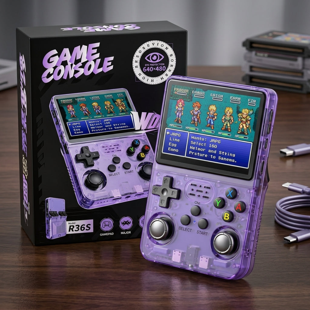 R36S handheld game console in transparent purple with built-in screen, dual analog sticks, D-pad and ABXY buttons
