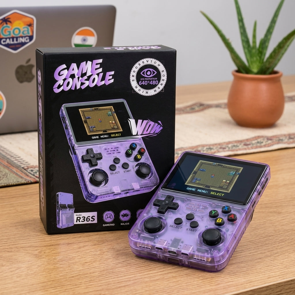 R36S handheld game console in transparent purple with built-in screen, dual analog sticks, D-pad and ABXY buttons