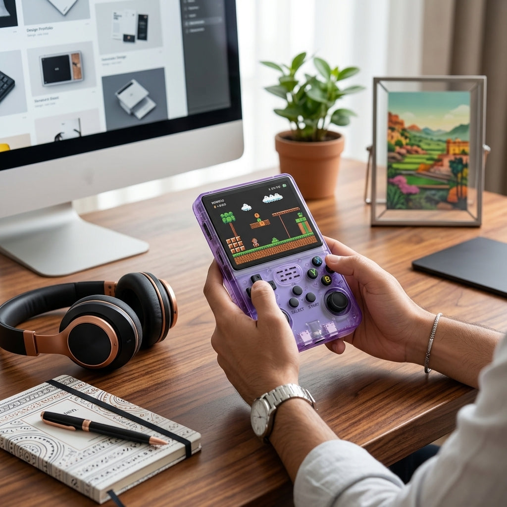 R36S handheld game console in transparent purple with built-in screen, dual analog sticks, D-pad and ABXY buttons