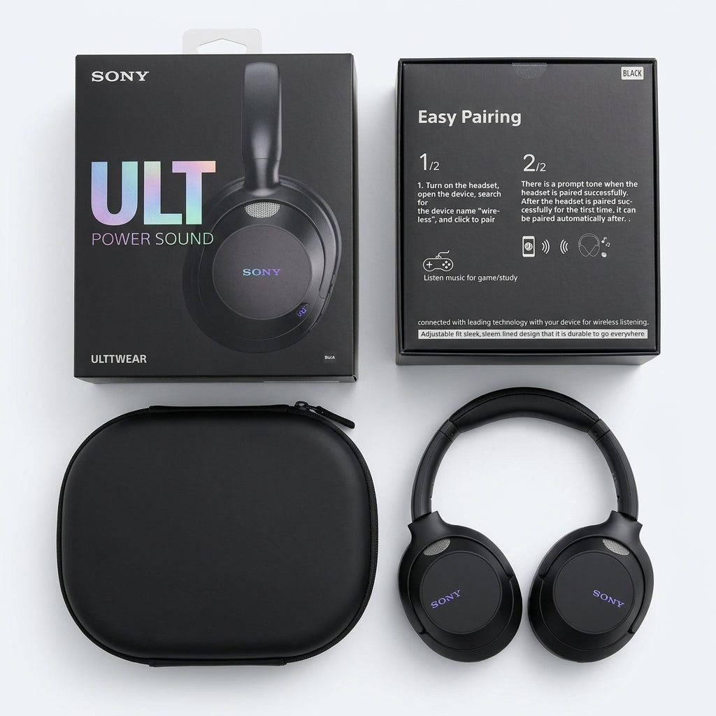 Black over-ear wireless headphones with ULT Power Sound branding, shown with zippered carrying case and retail boxes