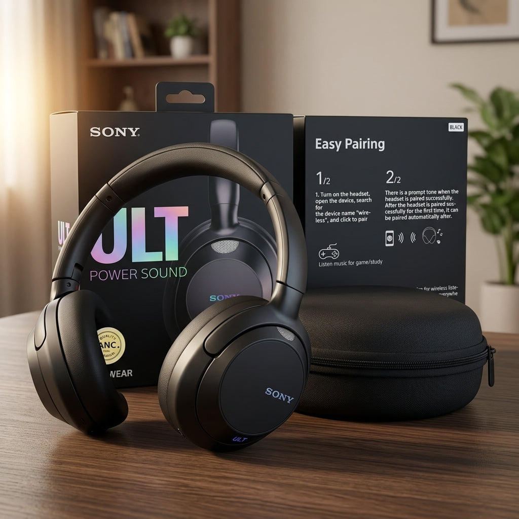 Black over-ear wireless headphones with ULT Power Sound branding, shown with zippered carrying case and retail boxes