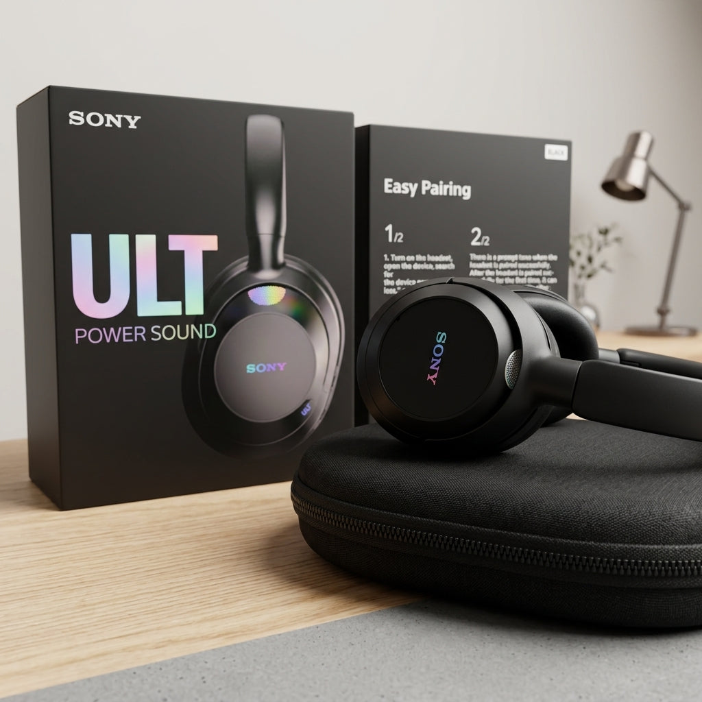 Black over-ear wireless headphones with ULT Power Sound branding, shown with zippered carrying case and retail boxes