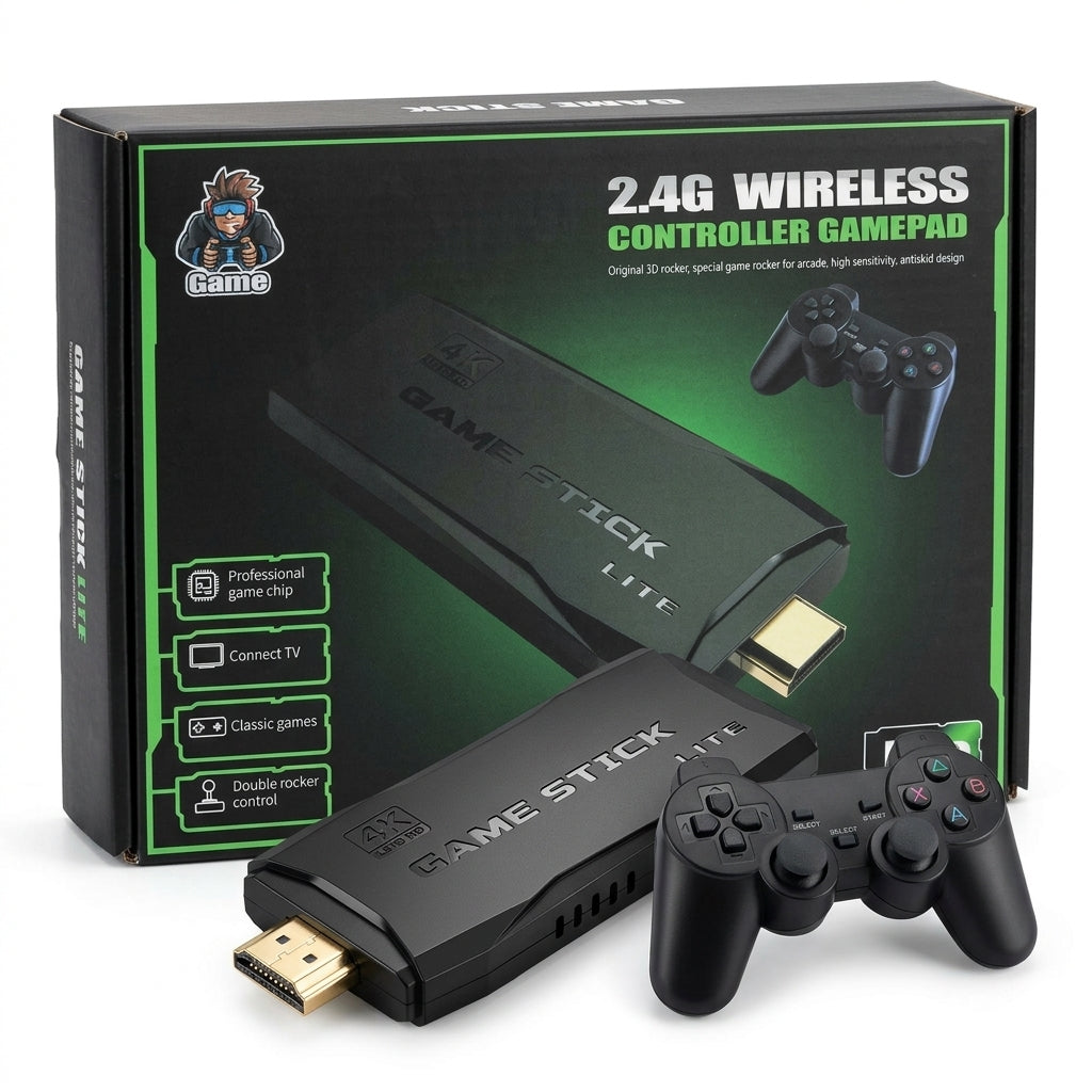 Game Stick Lite HDMI TV game console stick with 2.4G wireless controller gamepad shown on retail box