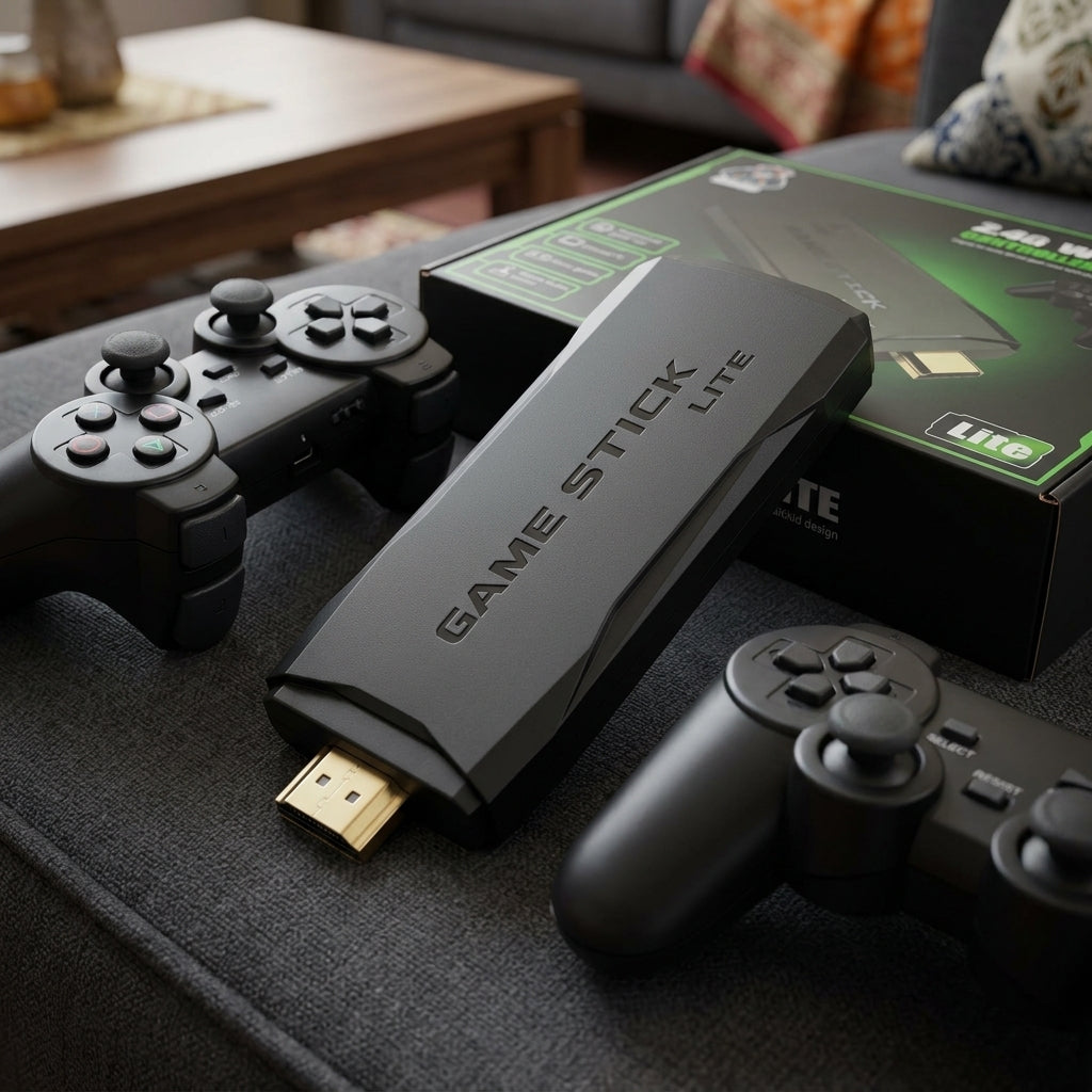 Game Stick Lite HDMI TV game console stick with 2.4G wireless controller gamepad shown on retail box