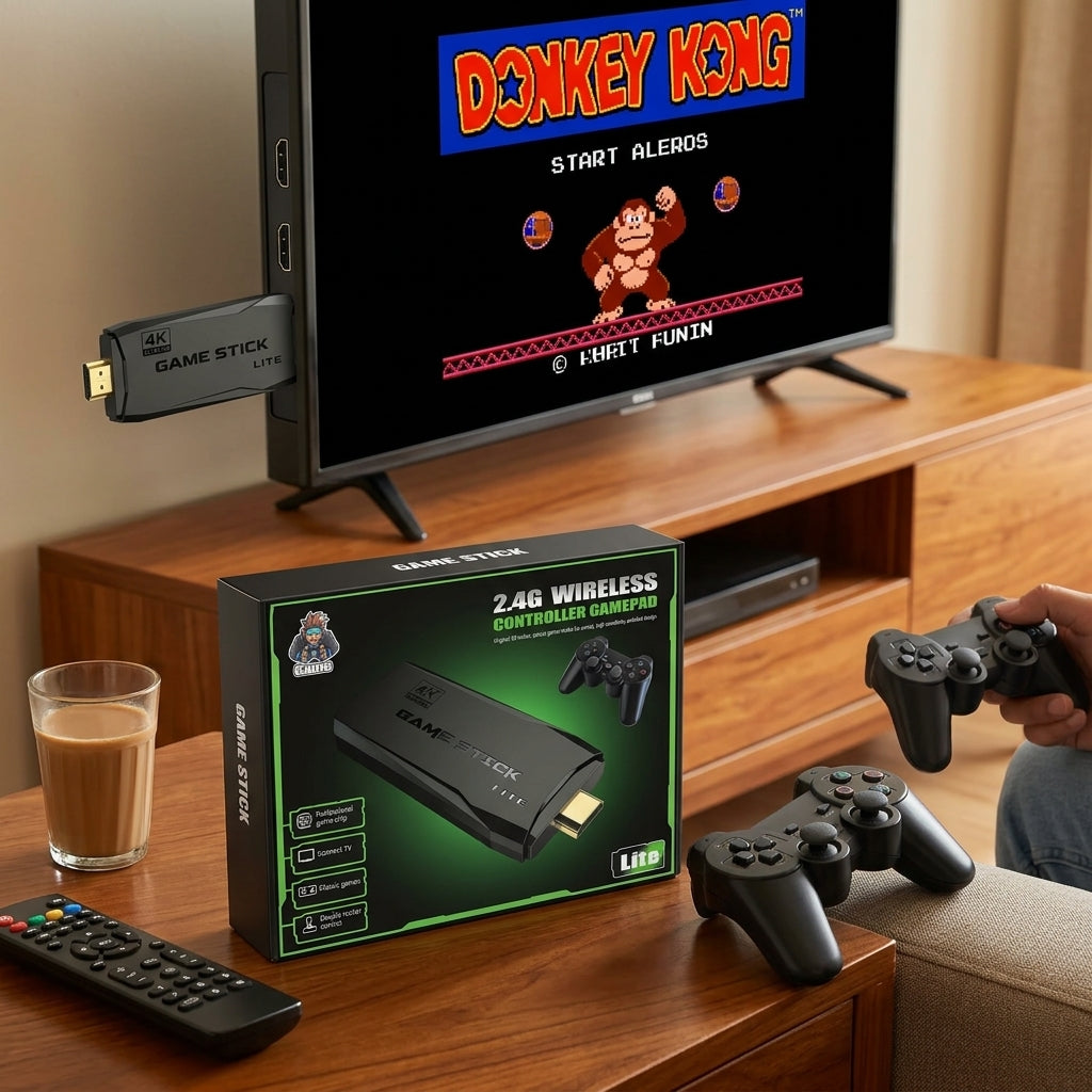Game Stick Lite HDMI TV game console stick with 2.4G wireless controller gamepad shown on retail box