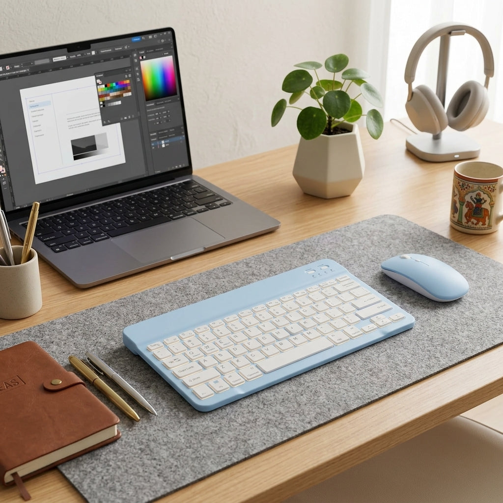 Wireless Bluetooth Keyboard and Mouse Kit in light blue, showcasing backlit keys and a slim design, placed on a modern desk with a laptop and creative tools.