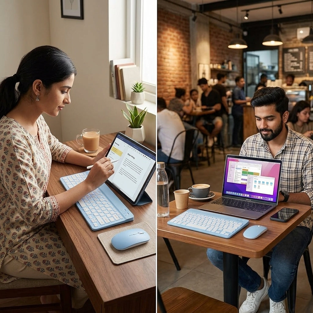 Wireless Bluetooth Keyboard and Mouse Kit in light blue, showcasing backlit keys and a slim design, placed on a modern desk with a laptop and creative tools.