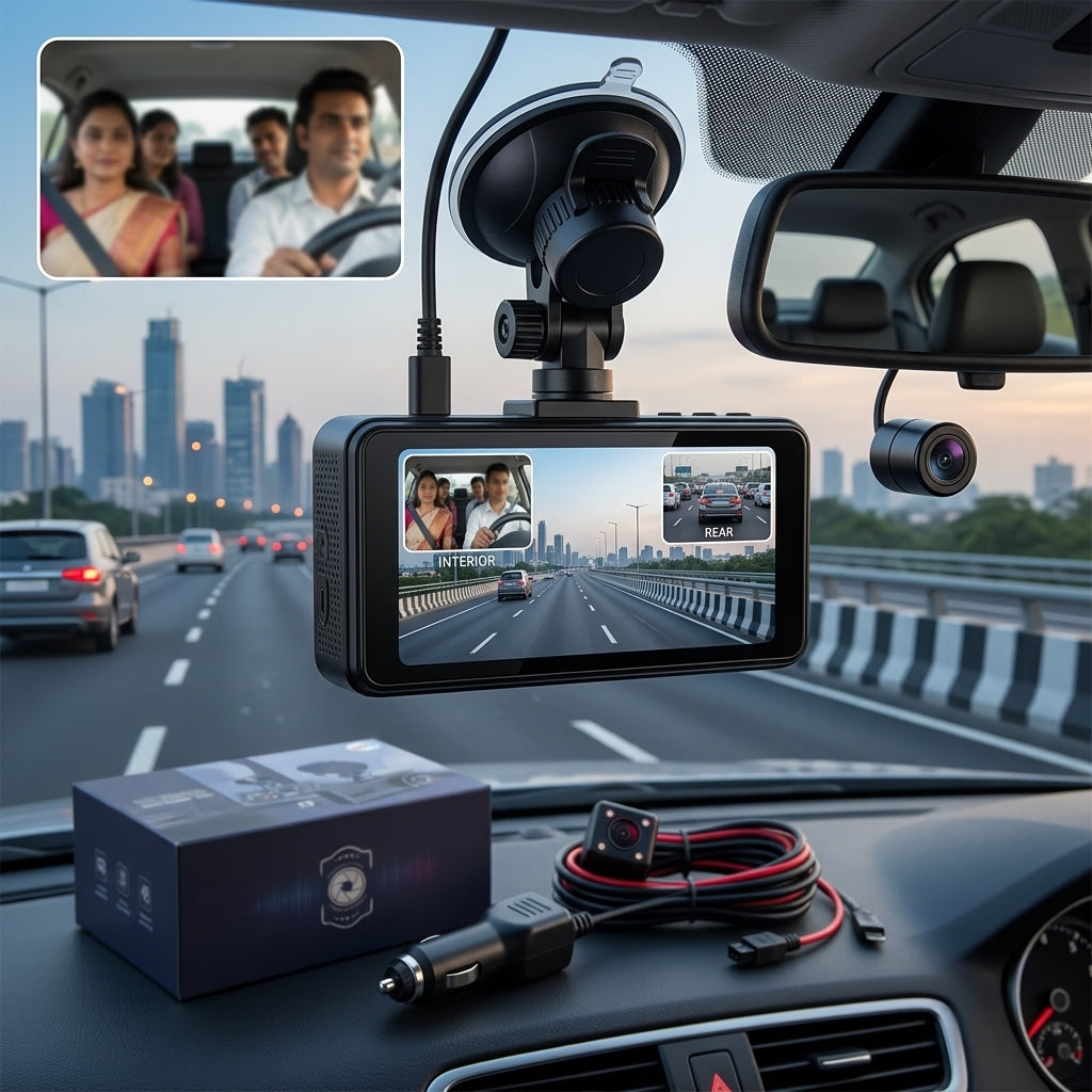 HD Three Camera Dashcam DVR for Car with Front, Interior, and Rear Recording