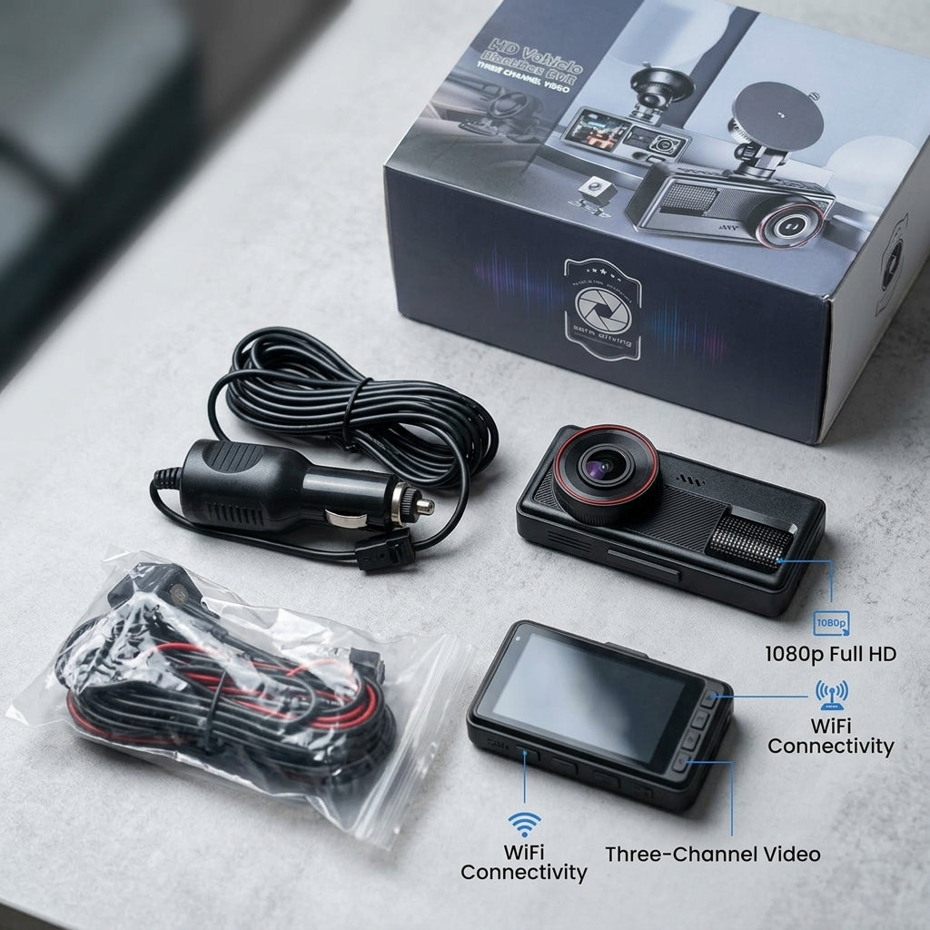 HD Three Camera Dashcam DVR for Car with Front, Interior, and Rear Recording