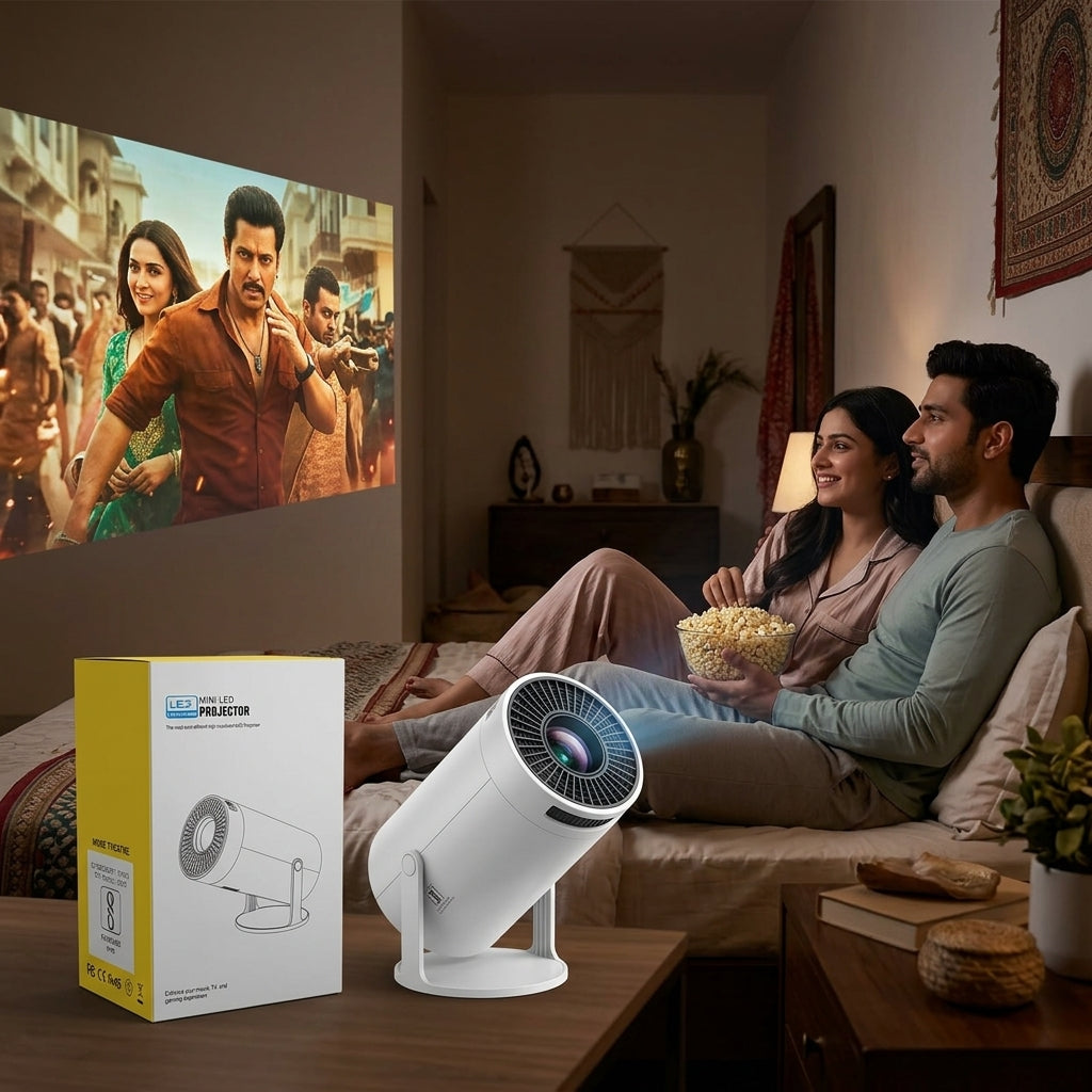 Neo-L100 Pro Mini LED Projector in white, compact cylindrical design with integrated stand, projecting a vibrant image on a wall.