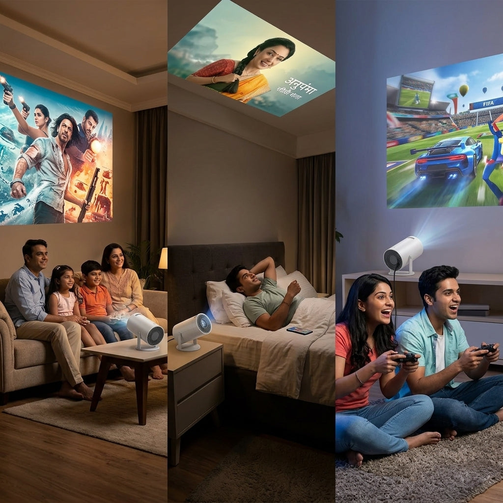Neo-L100 Pro Mini LED Projector in white, compact cylindrical design with integrated stand, projecting a vibrant image on a wall.