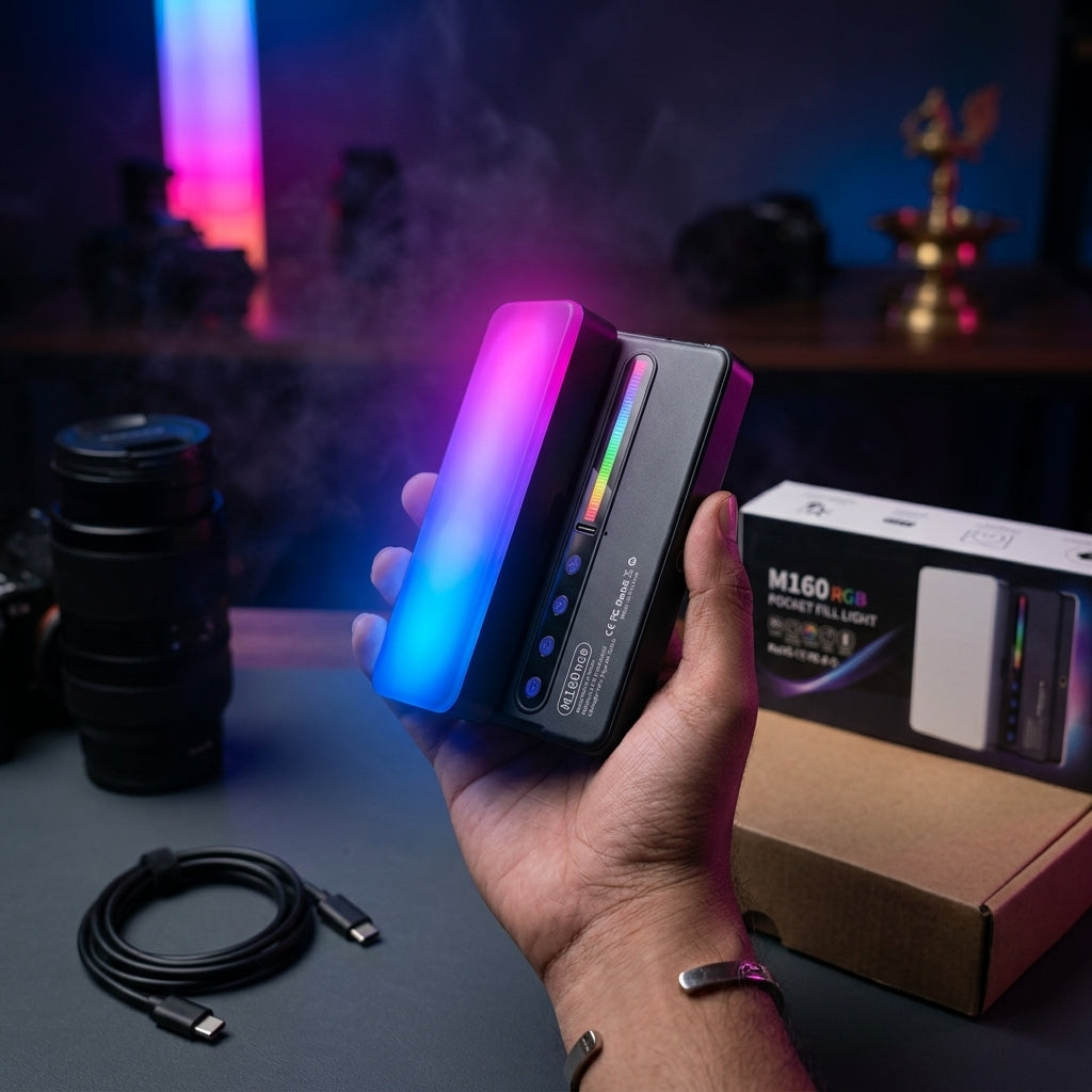 M160 RGB Pocket Fill Light, a compact LED video light with colorful RGB output and high Ra 95+ CRI, shown in use for a product photoshoot.
