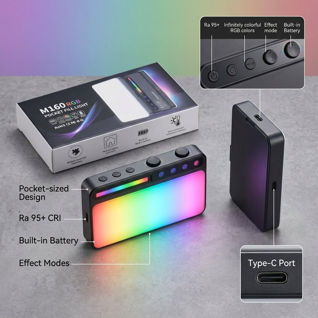 M160 RGB Pocket Fill Light, a compact LED video light with colorful RGB output and high Ra 95+ CRI, shown in use for a product photoshoot.